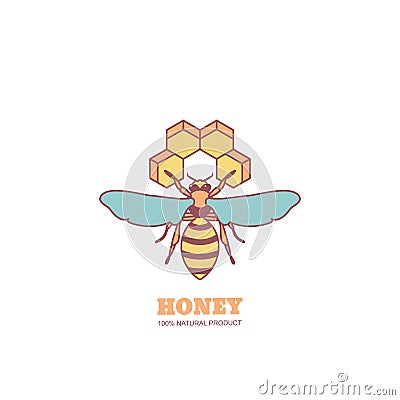 Vintage honey label design elements. Vector logo or emblem with honeybee and honeycombs. Vector Illustration