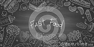 Vintage horizontal banner with fast food different collection on black background. Hand drawn street food elements for cafe menu Stock Photo