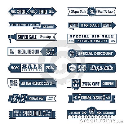 Vintage horizontal banners. Hot offers premium special sales join free promo retro elements ribbons vector designs Vector Illustration