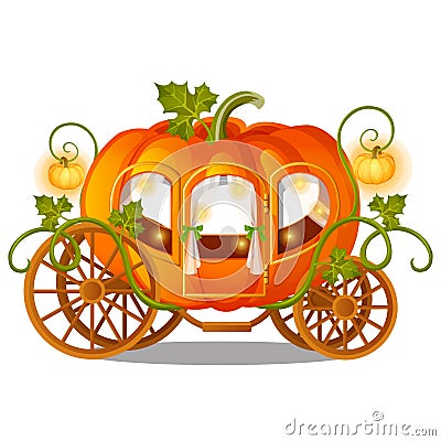 Vintage horse carriage of pumpkin with florid ornament isolated on white background. Sketch for a poster or card for the Vector Illustration