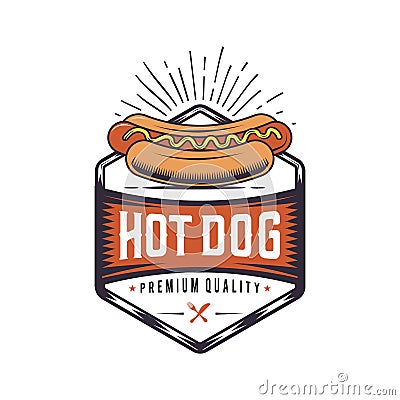 Vintage Hot Dog joint. Retro fast food illustration. Logo wiener design. Cartoon Illustration