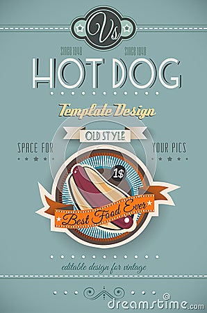 Vintage HOT DOG poster template for bistro Vector Illustration