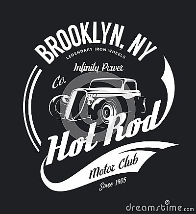 Vintage hot rod vector tee-shirt logo isolated on dark background. Vector Illustration