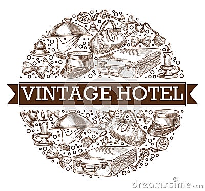 Vintage hotel banner with ribbon monochrome sketch Vector Illustration