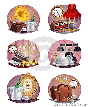 Vintage Hotel Round Poster Set Vector Illustration