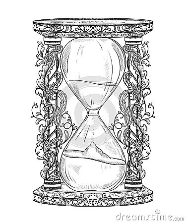 Vintage hourglass with floral ornament. Engraved style. Isolated object. Vector Illustration