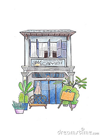 Vintage house with billboard drawing. Colonial architecture handdrawn illustration. Cambodia travel sketch. Cartoon Illustration