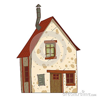 A Vintage House, isolated vector illustration. Cartoon picture of a countryside building with shabby walls. Drawn house. Vector Illustration