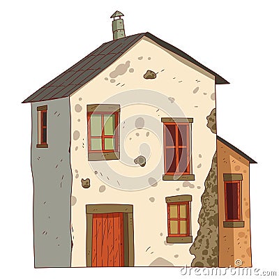 A Vintage House, isolated vector illustration. Cartoon picture of a countryside building with shabby walls. Drawn house. Village Vector Illustration