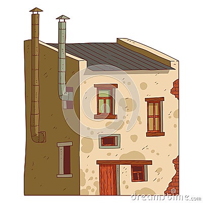 A Vintage House, isolated vector illustration. Cartoon picture of a countryside building with shabby walls. Drawn house. Village Vector Illustration