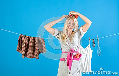 Vintage housekeeper woman. Busy mother. emotional retro housewife. Maid or housewife cares about house. Cleanness in Stock Photo