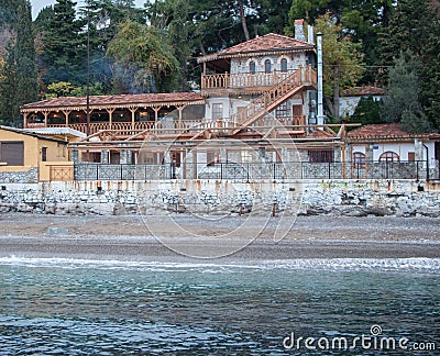 Vintage houses on a hill by the sea Stock Photo