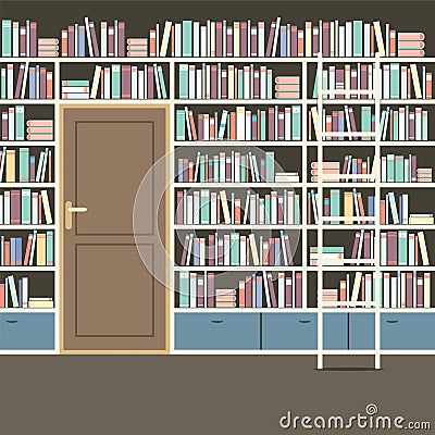 Vintage Huge Bookcase In Library. Vector Illustration