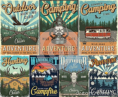 Vintage hunting and camping colorful posters Vector Illustration