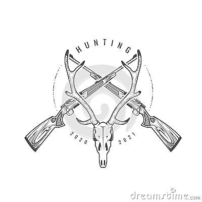 Vintage hunting emblem with crossed rifles and skull of deer, hunter trophy, guns and horns Vector Illustration