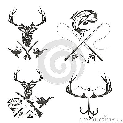 Vintage hunting and fishing labels and design elements Vector Illustration