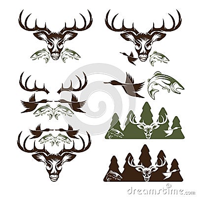 Vintage hunting and fishing labels and design elements Vector Illustration