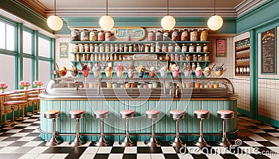 Vintage Ice Cream Parlor with Retro Decor and Checkered Flooring Stock Photo