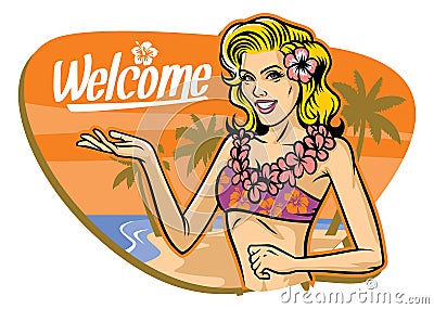 Vintage illustration beautiful beach girl Vector Illustration