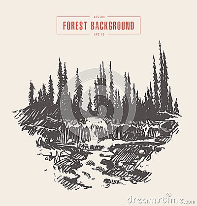 Vintage river waterfall fir forest drawn sketch Vector Illustration