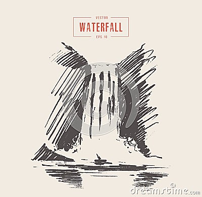 Vintage illustration of beautiful waterfall drawn Vector Illustration