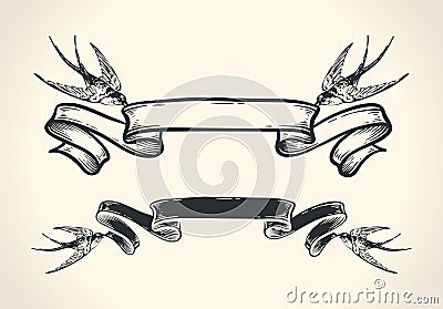 Vintage illustration of birds holding ribbon Vector Illustration