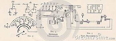 Vintage diagrams of a keyboard and tape transmitter. Cartoon Illustration