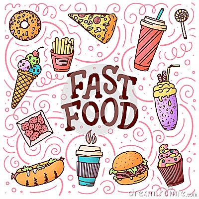 Vintage illustration with fast food doodle elements and lettering on background for concept design. Vector illustration for any Cartoon Illustration