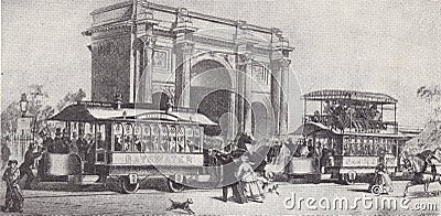 Vintage illustration of London`s first horse-drawn trams in 1861 between Marble Arch and Shepperd`s Bush. Editorial Stock Photo