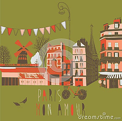 Vintage illustration with Paris, France Cartoon Illustration