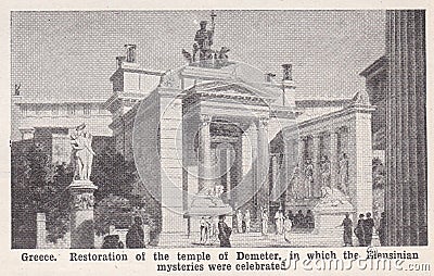 Vintage illustration of the restoration of the temple of Demeter Editorial Stock Photo