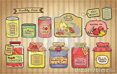 Vintage illustration set of canned goods and tags. Vector Illustration