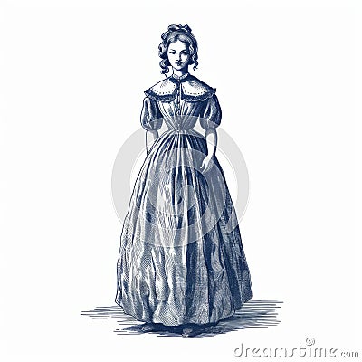 Elegant 1860s Woman Drawing In Dark Blue And White Cartoon Illustration
