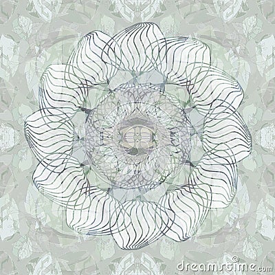 MANDALA FLOWER. MONOCROME PALLET. CENTRAL LINEAR DESIGN, DECORATIVE BACKGROUND IN GRAY AND WHITE. CENTRAL FLOWER IN GRAY AND WHITE Stock Photo