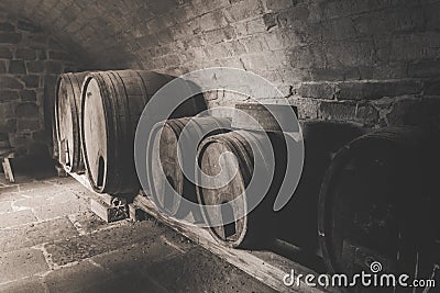 Vintage image with old wooden wine barrels Stock Photo