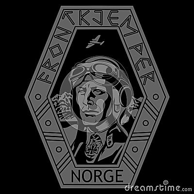 Vintage image of a world war II pilot. Pilot of the Norwegian armed forces. Norwegian inscriptions Frontkjemper Vector Illustration