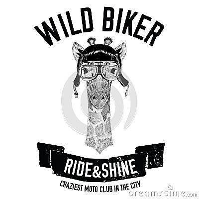 Vintage images of giraffe for t-shirt design for motorcycle, bike, motorbike, scooter club, aero club Stock Photo