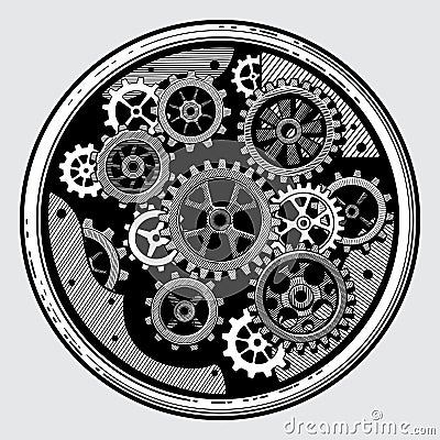 Vintage industrial machinery with gears. Cogwheel transmission in hand drawn old style vector illustration Vector Illustration