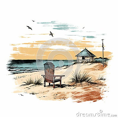 Vintage Ink And Color Adirondack Beach Chair With Flying Birds Cartoon Illustration