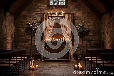 vintage-inspired ceremony in an old-world chapel with weathered stone walls. AI Generated Stock Photo