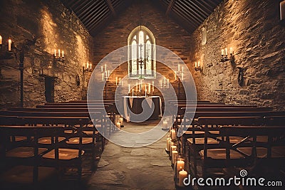 vintage-inspired ceremony in an old-world chapel with weathered stone walls. AI Generated Stock Photo