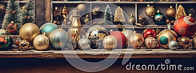 Vintage-inspired Christmas decorations like retro baubles, antique toys, and old-fashioned ornaments, infusing web banners with Stock Photo