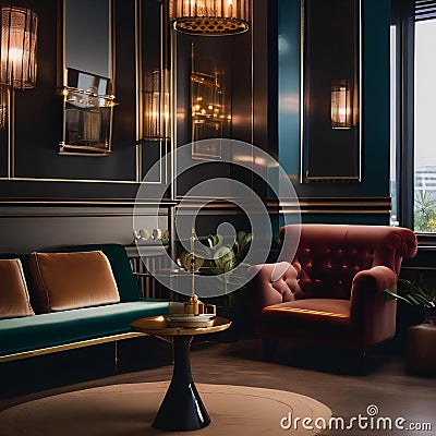 A vintage-inspired jazz lounge with velvet seating, brass instruments as decor, and low lighting2 Stock Photo