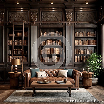 A vintage-inspired library with a 3D wood panel wall Stock Photo