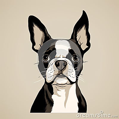 Minimalistic Design: Colorized Portrait Of Boston Terrier Dog With Americana Iconography Cartoon Illustration