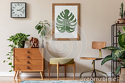 Stylish living room with design retro furnitures and plants. Stock Photo