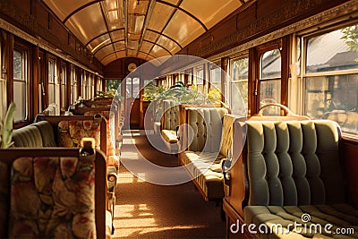 Vintage interior of an old fashioned Train carriage in sunny summer day Stock Photo