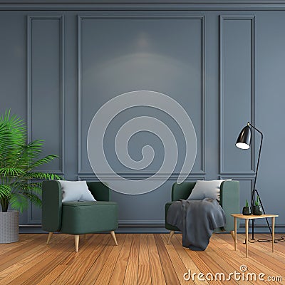 Vintage interior room , Contemporary furniture,luxury decor,green chair black lamp on wood flooring and dark gray frame wall /3d Stock Photo