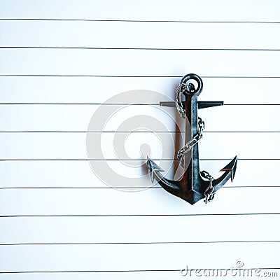 Vintage Iron anchor on a background of white painted wood 3d render Stock Photo