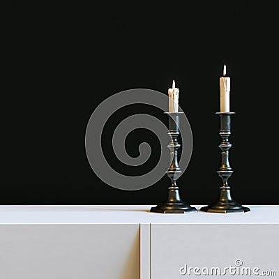 Vintage iron candlestick with burning candles in black interior. Stock Photo